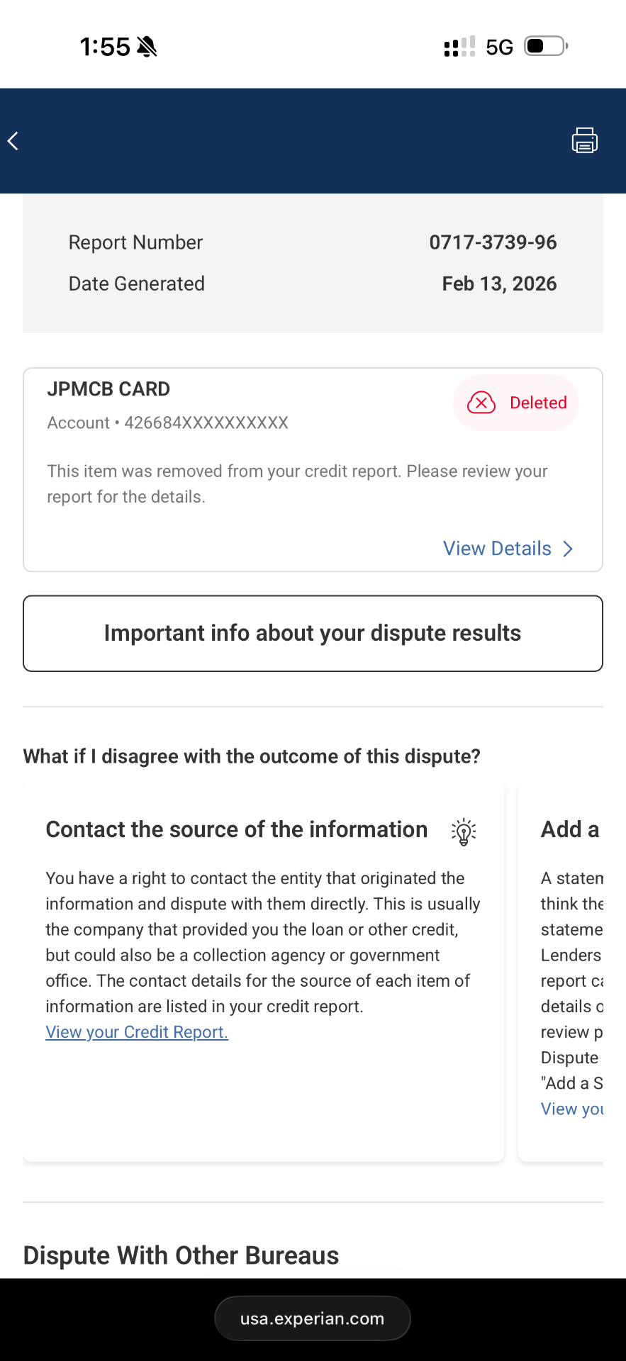 Disputed tradeline removed via Experian dispute.